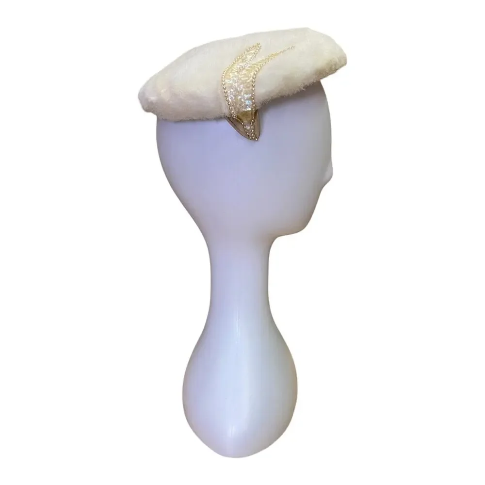 1960s Vintage White Fur Calot Hat Pearl Beaded Vintage Cocktail Topper - Picture 3 of 9